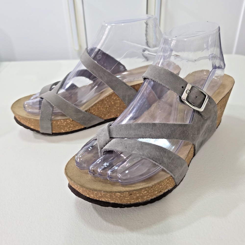 Bio-Gold Gray Leather Cork Women Wedge Sandals Casual Strappy Slide Sz 8